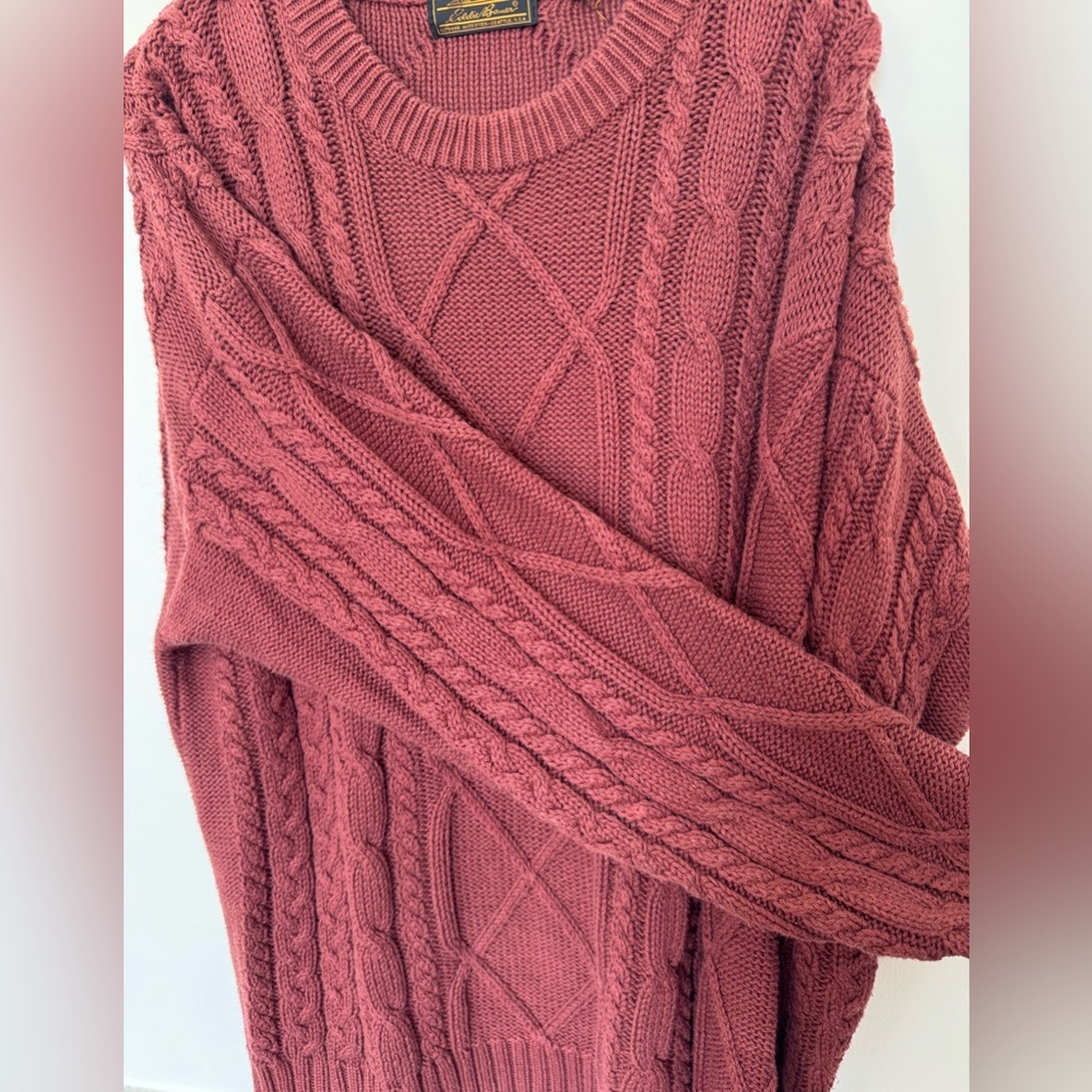 Y2K Edie Bauer Rust Cotton Cable Knit Chunky Fisherman Sweater XL